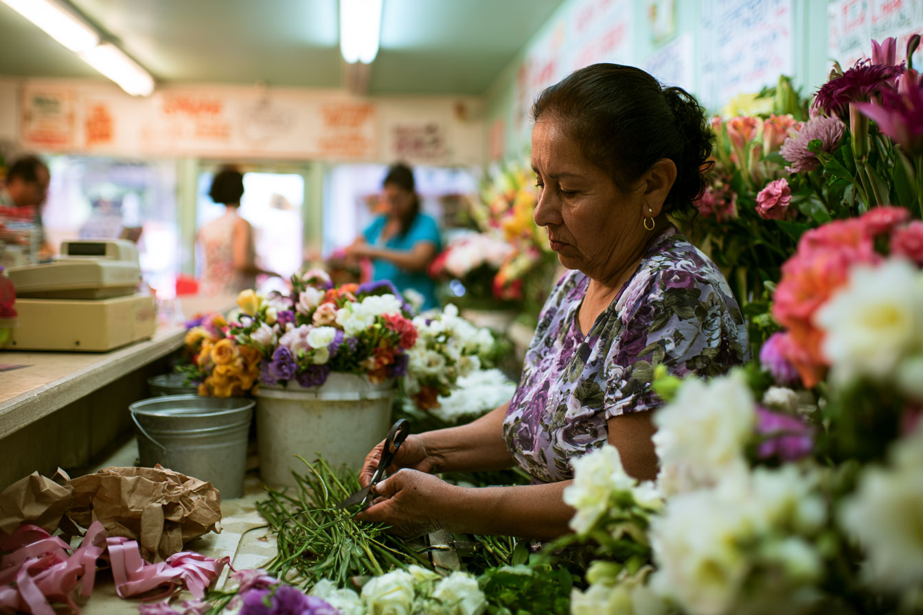 Florist arranging flowers in a small working flower shop