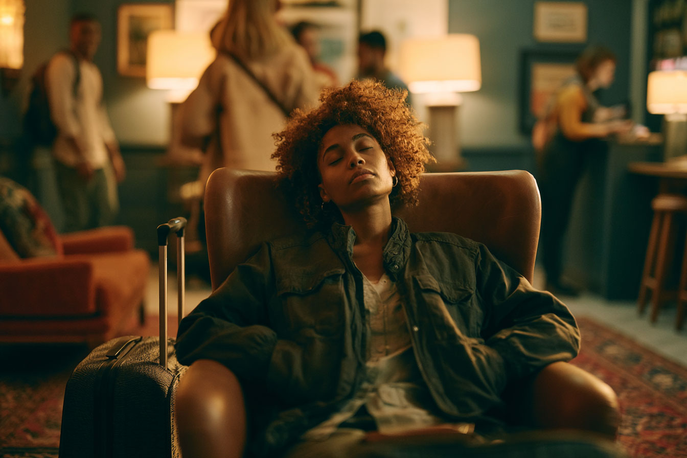 A guest sunk into a lobby chair, eyes closed, shoulders dropped in complete relief