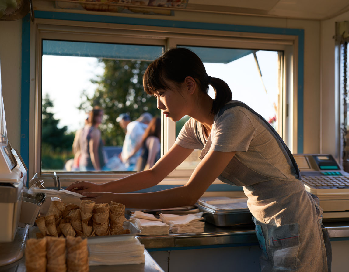 Scooping ice cream behind the counter of a small local shop