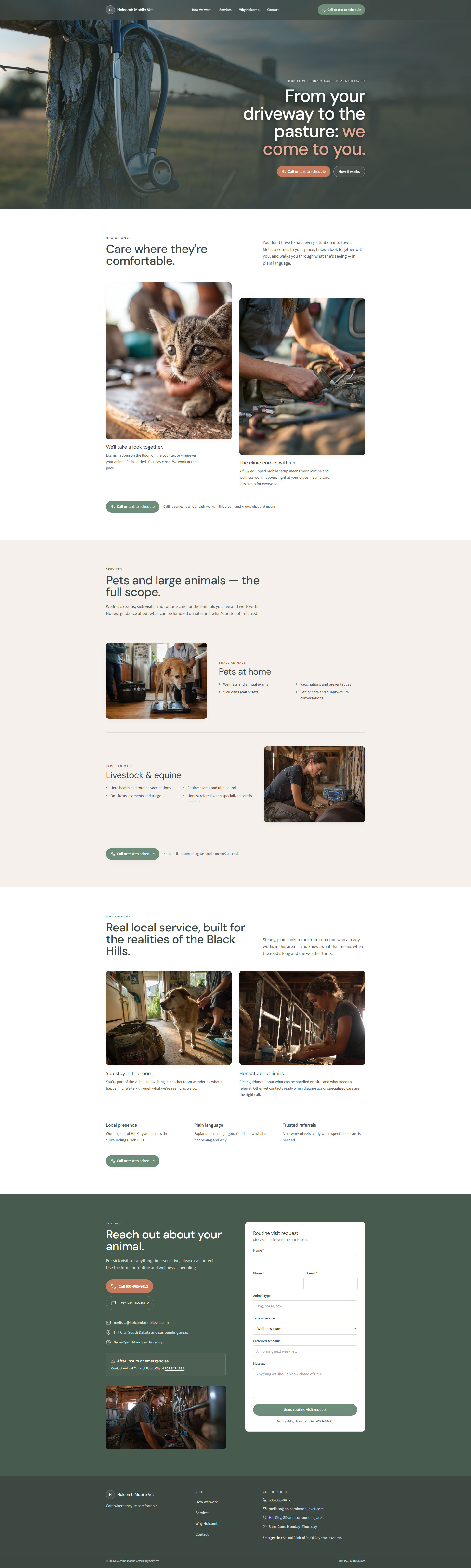 Homepage mockup for Holcomb Mobile Vet, built from BrandForge brand system