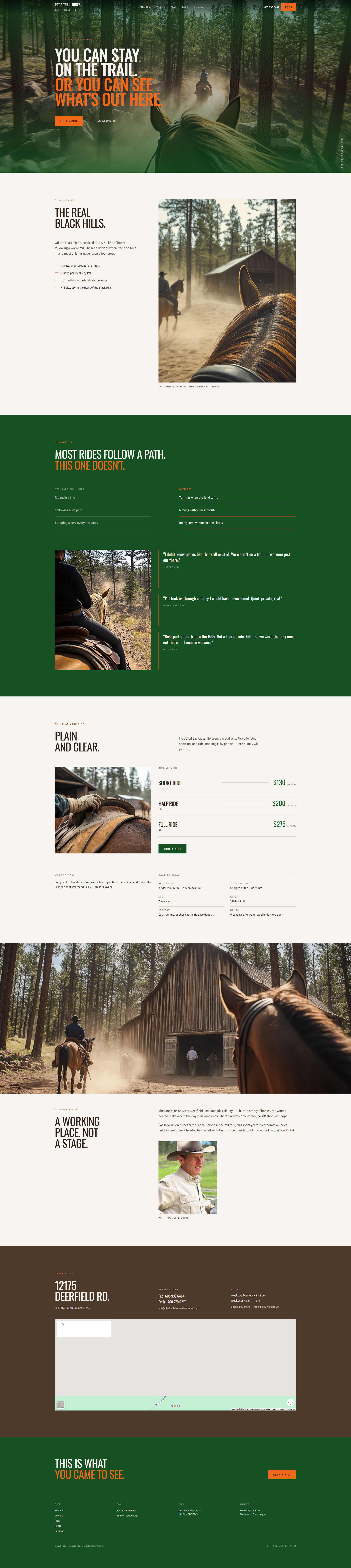 Pat's Trail Rides homepage mockup built from BrandForge brand system