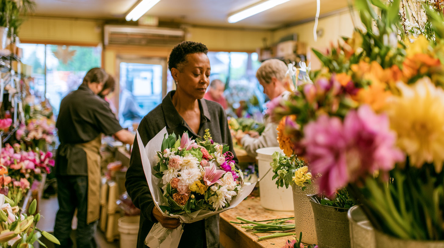 Customer holding a wrapped bouquet close, one unguarded moment before leaving
