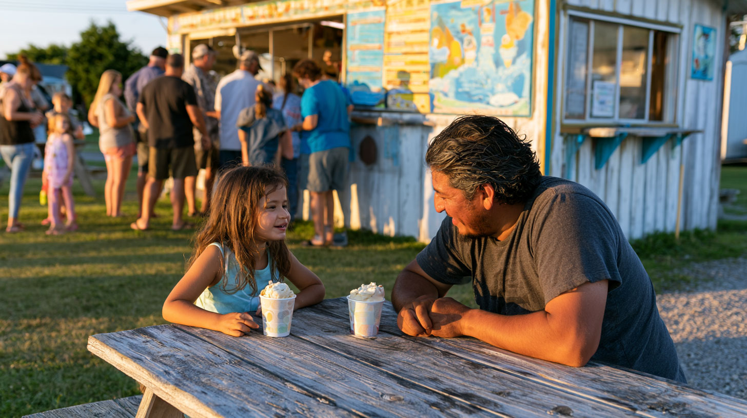 Father and daughter at their usual table, focused on each other, not the ice cream