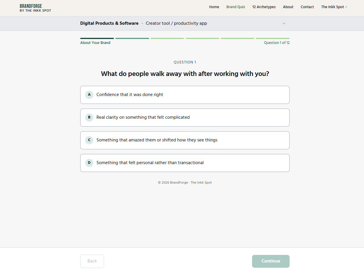 BrandForge assessment interface showing a question about business differentiation