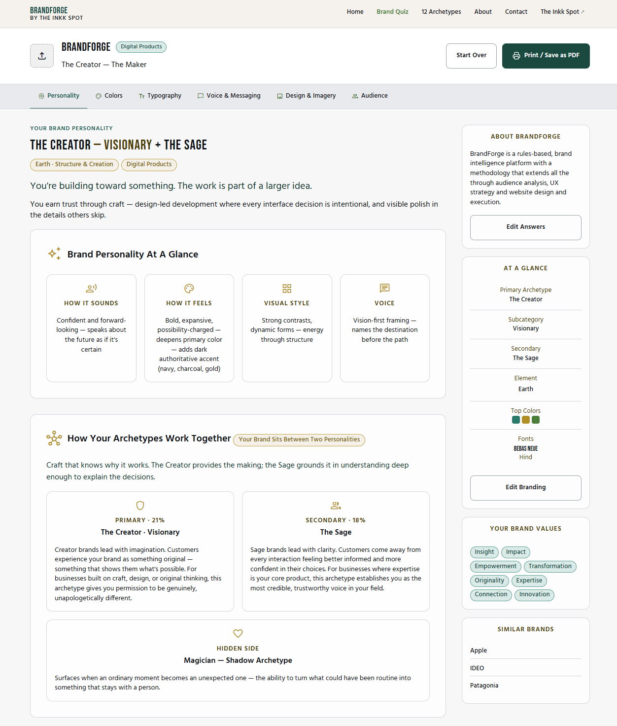 BrandForge results showing a complete brand profile with color system and typography